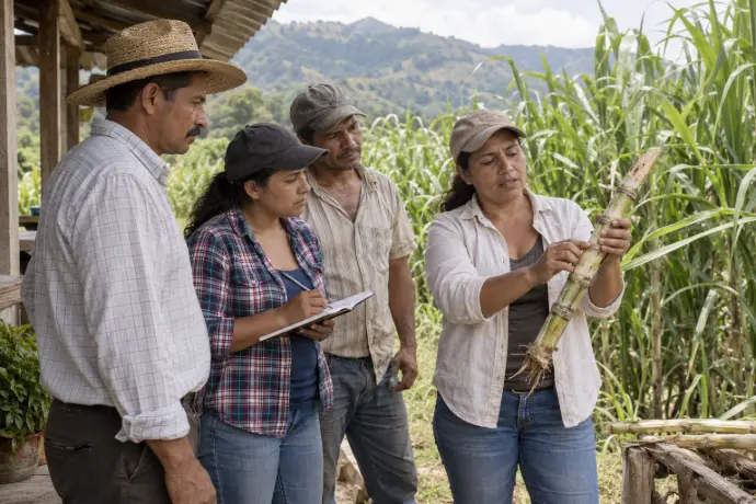 Ilustración de agricultores compartiendo conocimientos sobre el cultivo de caña.