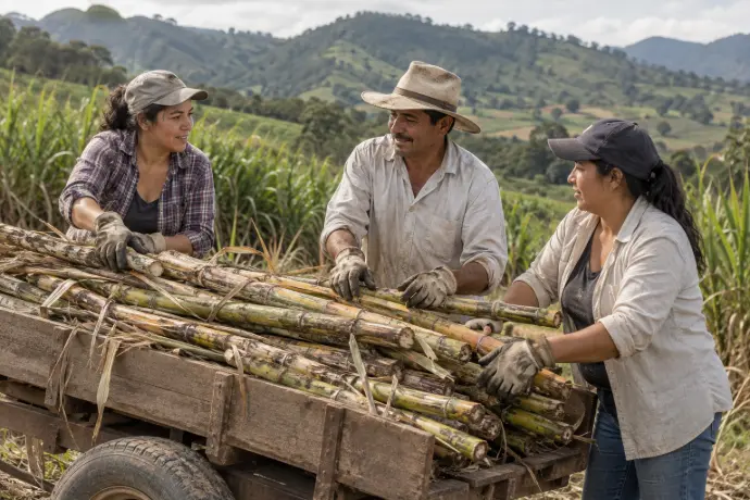 Ilustración de agricultores trabajando juntos con una cosecha de caña.