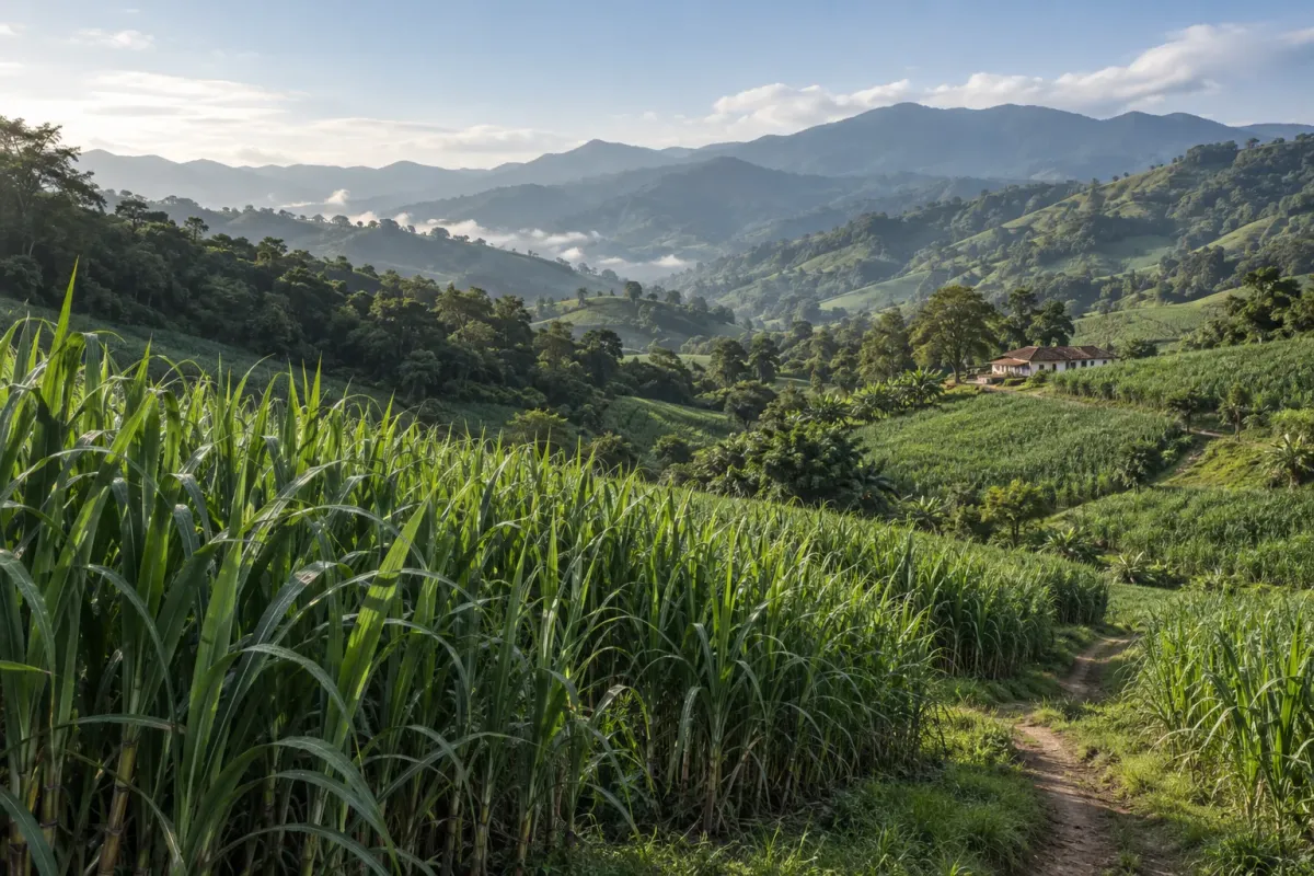 Paisaje montañoso con cultivos de caña