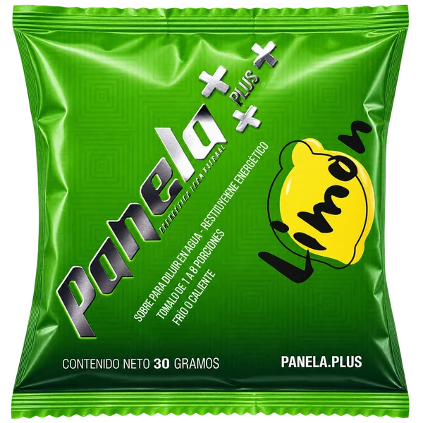 Frente de la presentación de Panela Plus Limón de 30 gramos
