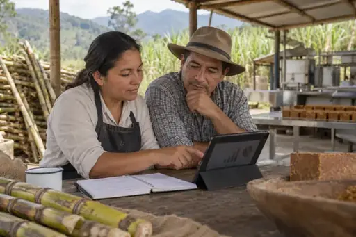Agricultores consultando registros de producción en una tableta.
